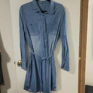 Light Blue Denim Shirt Dress with Tie Waist